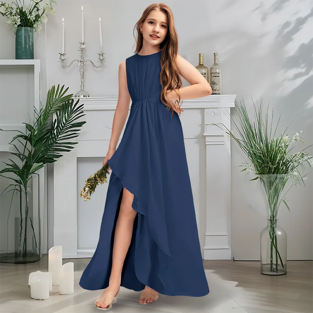 Роскошное платье подружки невесты для юниоров, детское синее платье с цветочным узором для девочек, шифоновое платье длиной до пола с каскадными оборками, свадебная вечеринка