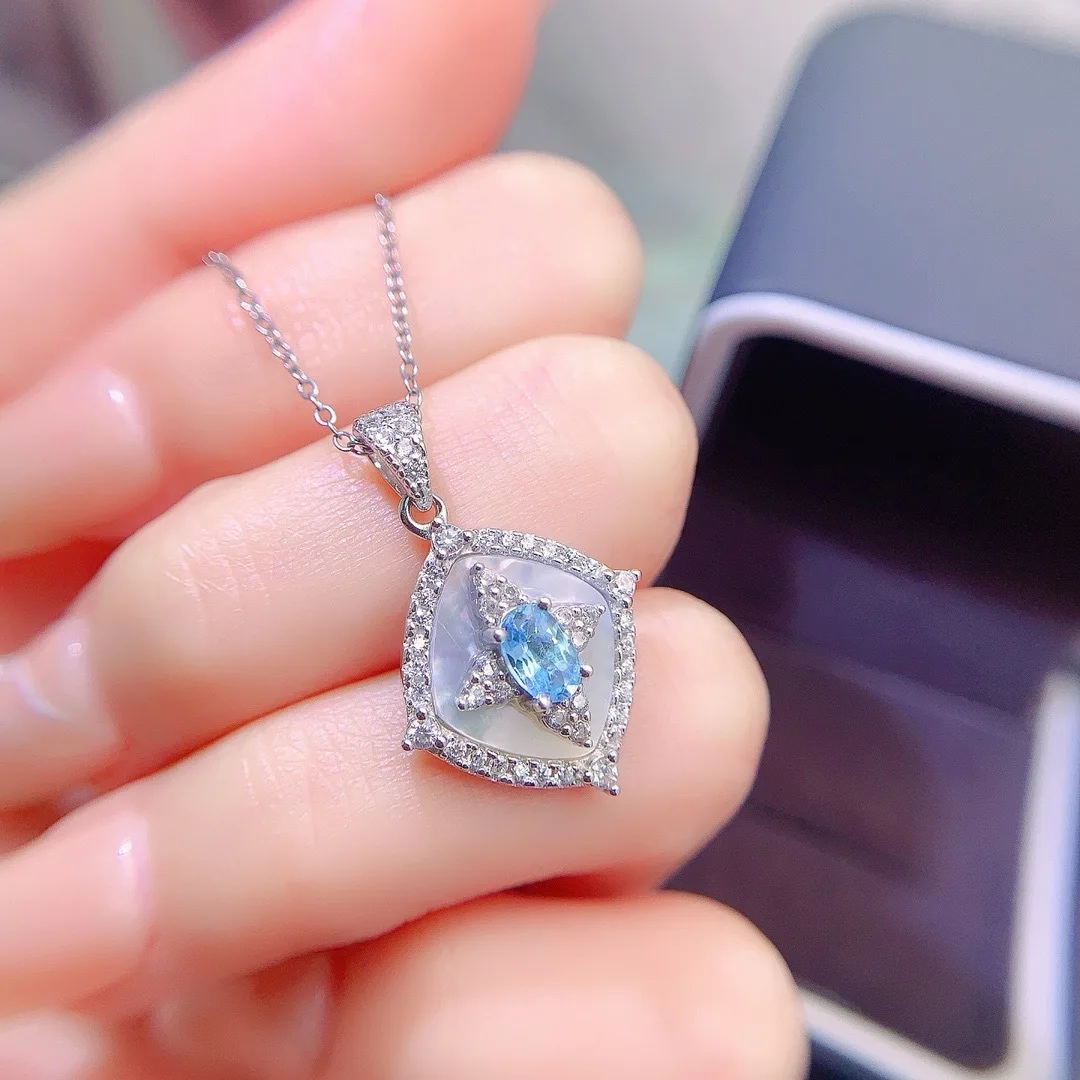 Boutique Jewelry Girl Pure Natural Swiss Blue Topaz Pendant Necklace 925 Pure Silver Plated 18K White Gold Shell Style Gift