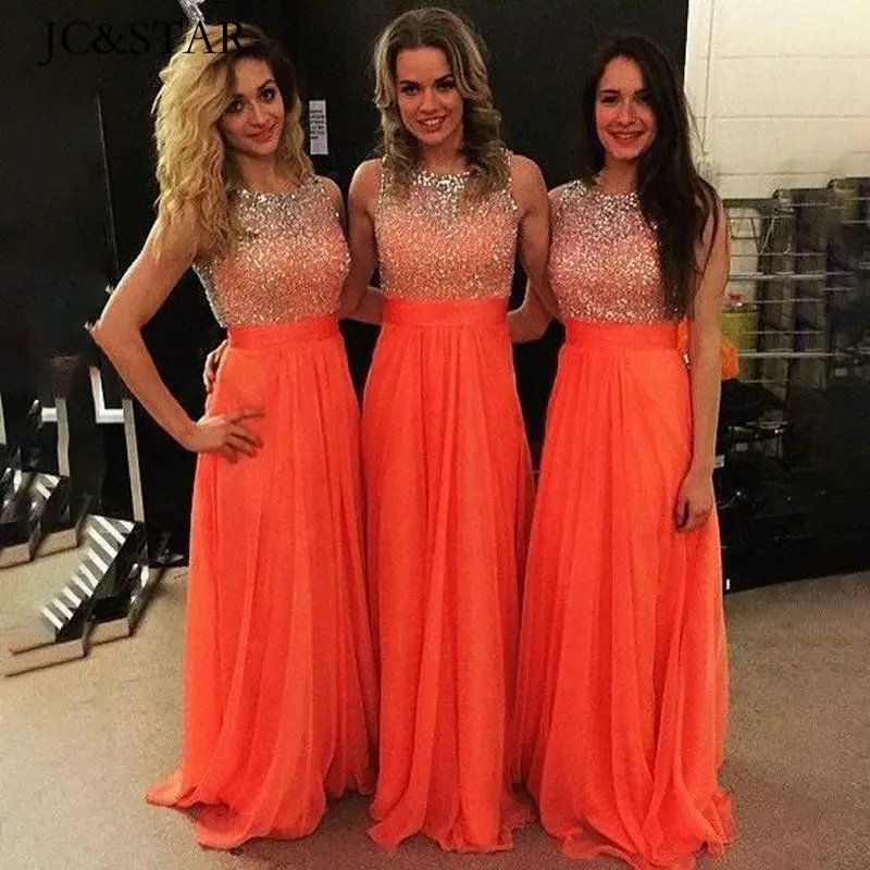 Bright Orange Bridesmaid Dresses Women For Wedding Lace Beading Chiffon SCOOP Neck Boho Robe Demoiselle D Honneur Femme Elegant