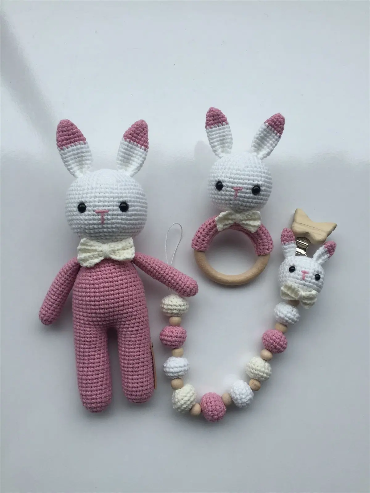 Handmade Amigurumi Pink Bow Tie Rabbit 29 cm Rattle and Pacifier Chain Set of Three