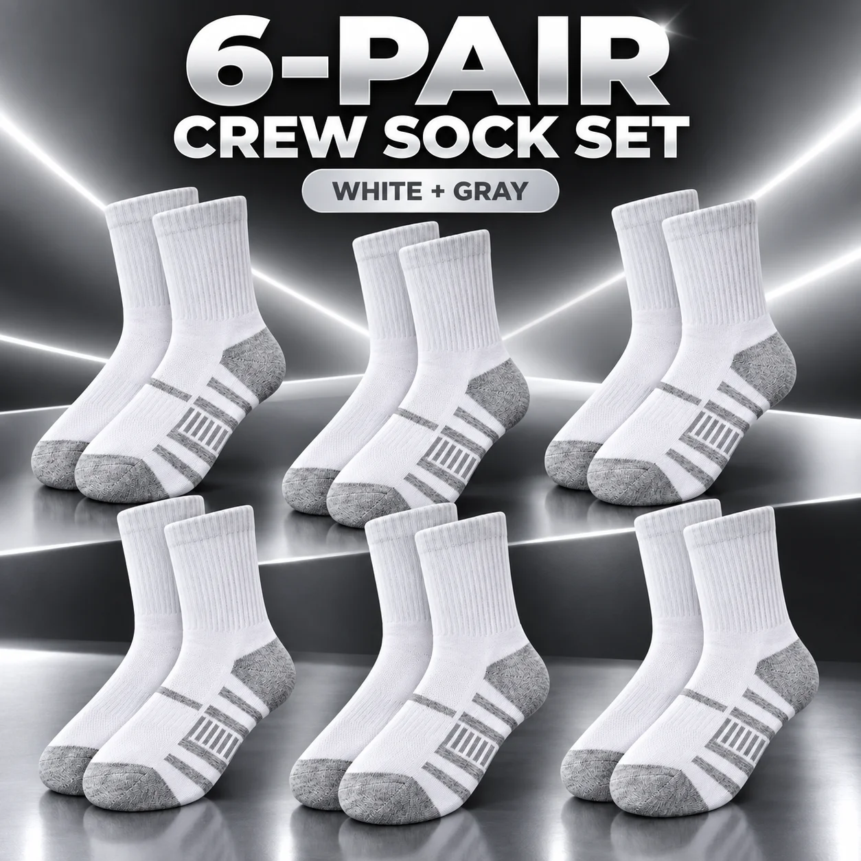 6 Pairs 12 Pcs White Gray Crew Socks Gray Heel Toe Ribbed Cuff Geometric Stripe Mid Calf Socks for Daily Gym Casual Wear