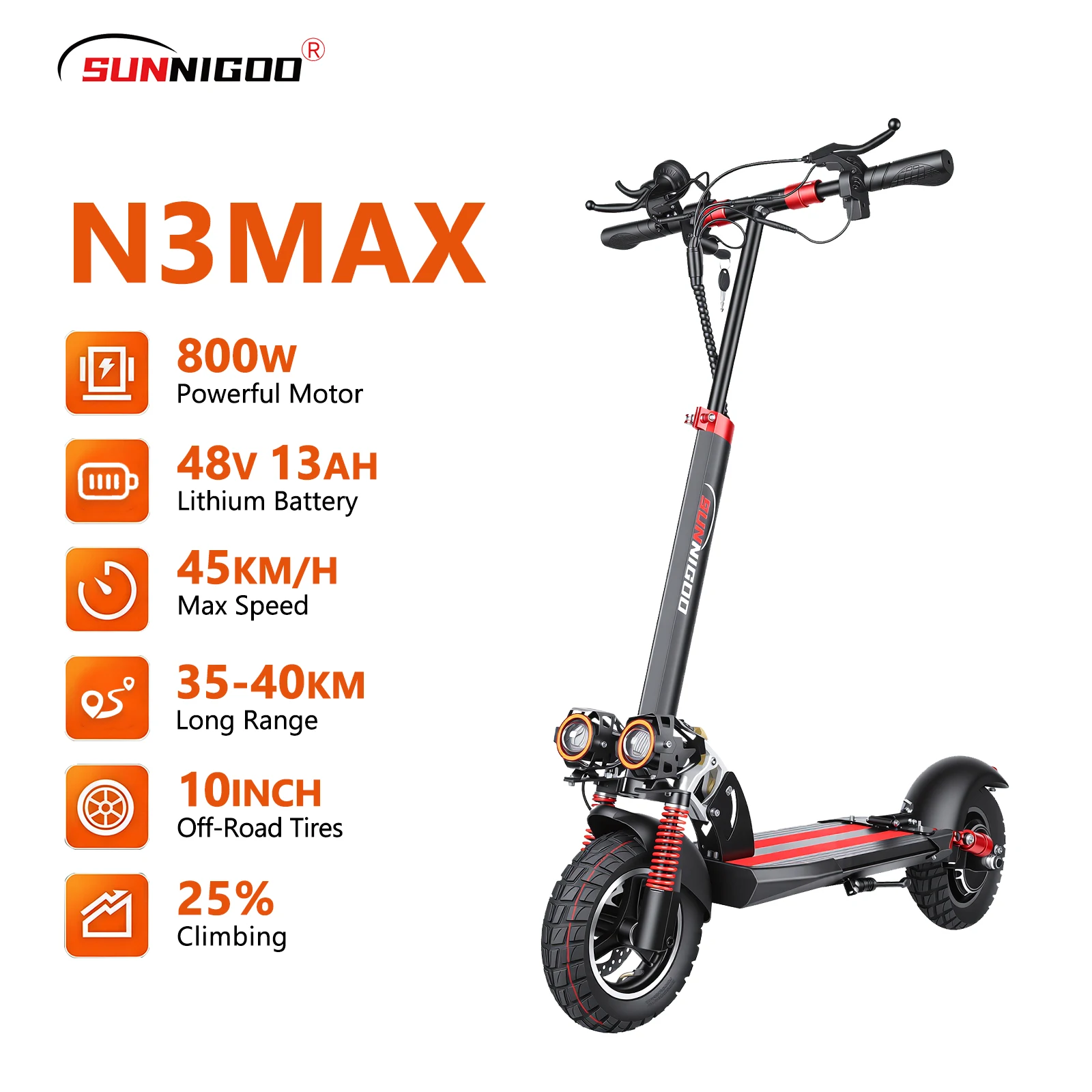 Sunnigoo N3max 800W 48V 13Ah -Patinete Eléctrico N3, Motor De 800W, Batería De 48V13ah, Patinete Deportivo Para Adultos, Neumáticos De 10 Pulgadas, Escooter Plegable Para Nieve