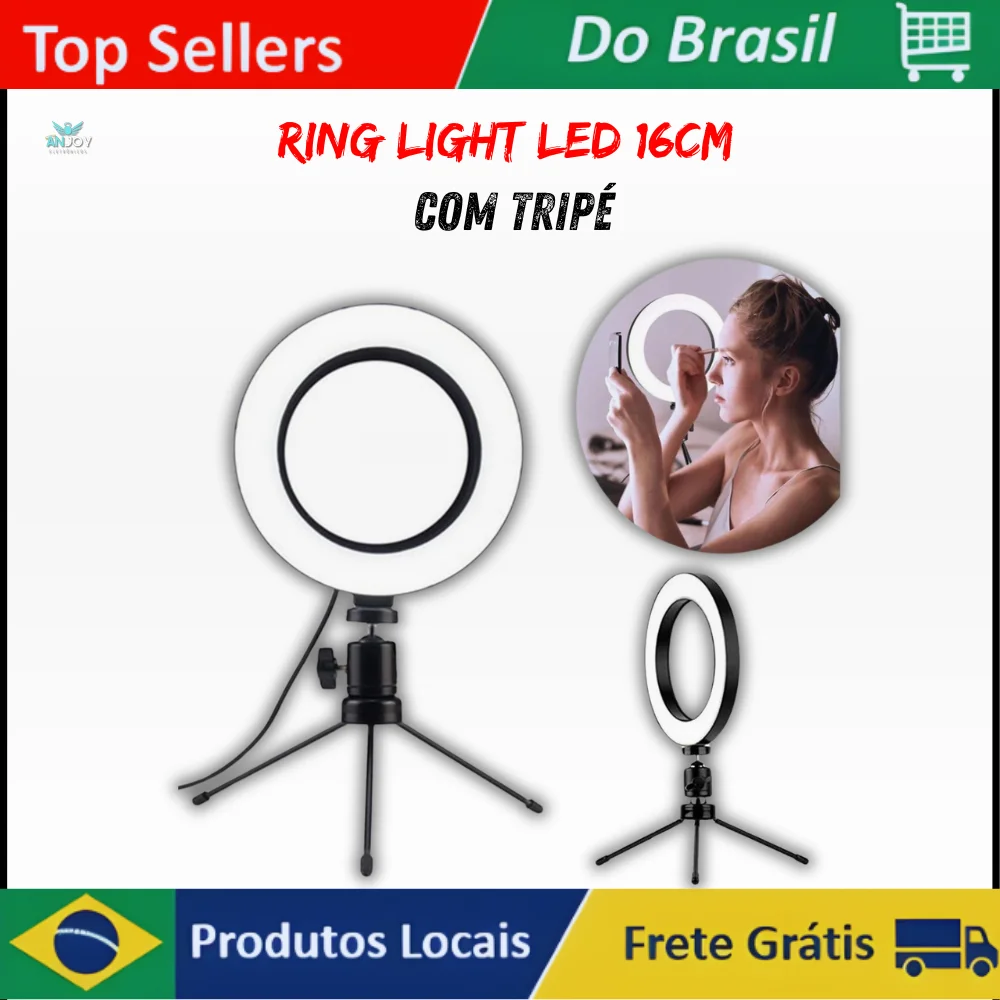 Ring Light LED 16 cm com Tripé Ajustável e Suporte para Celular Ideal para Vídeos, Fotografia e Maquiagem