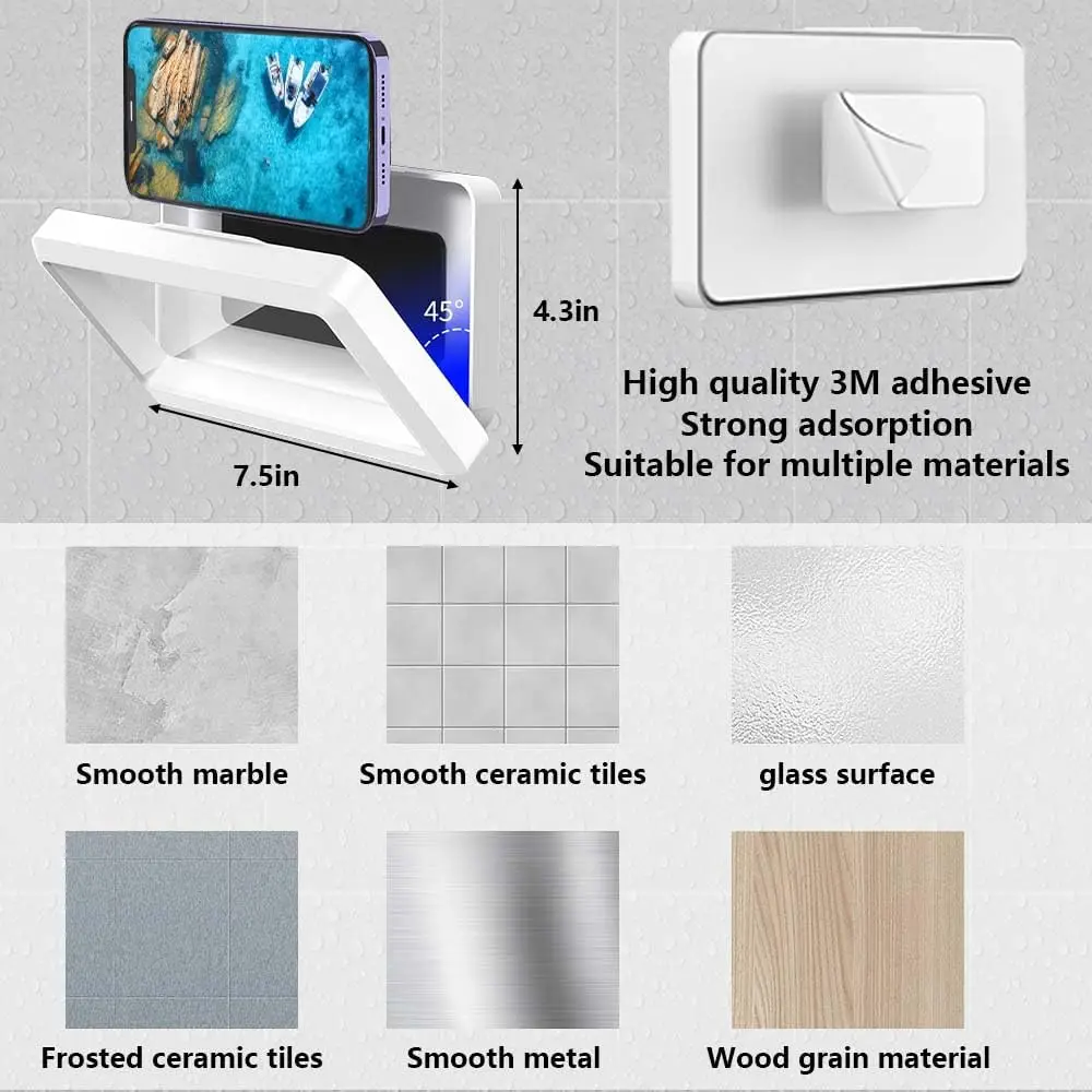 Adjustable Wall Mount Shower Phone Holder Bathroom Phone Stand with Touchscreen Compatibility Damage Installation Stylish White Design for Bath and Tv Use