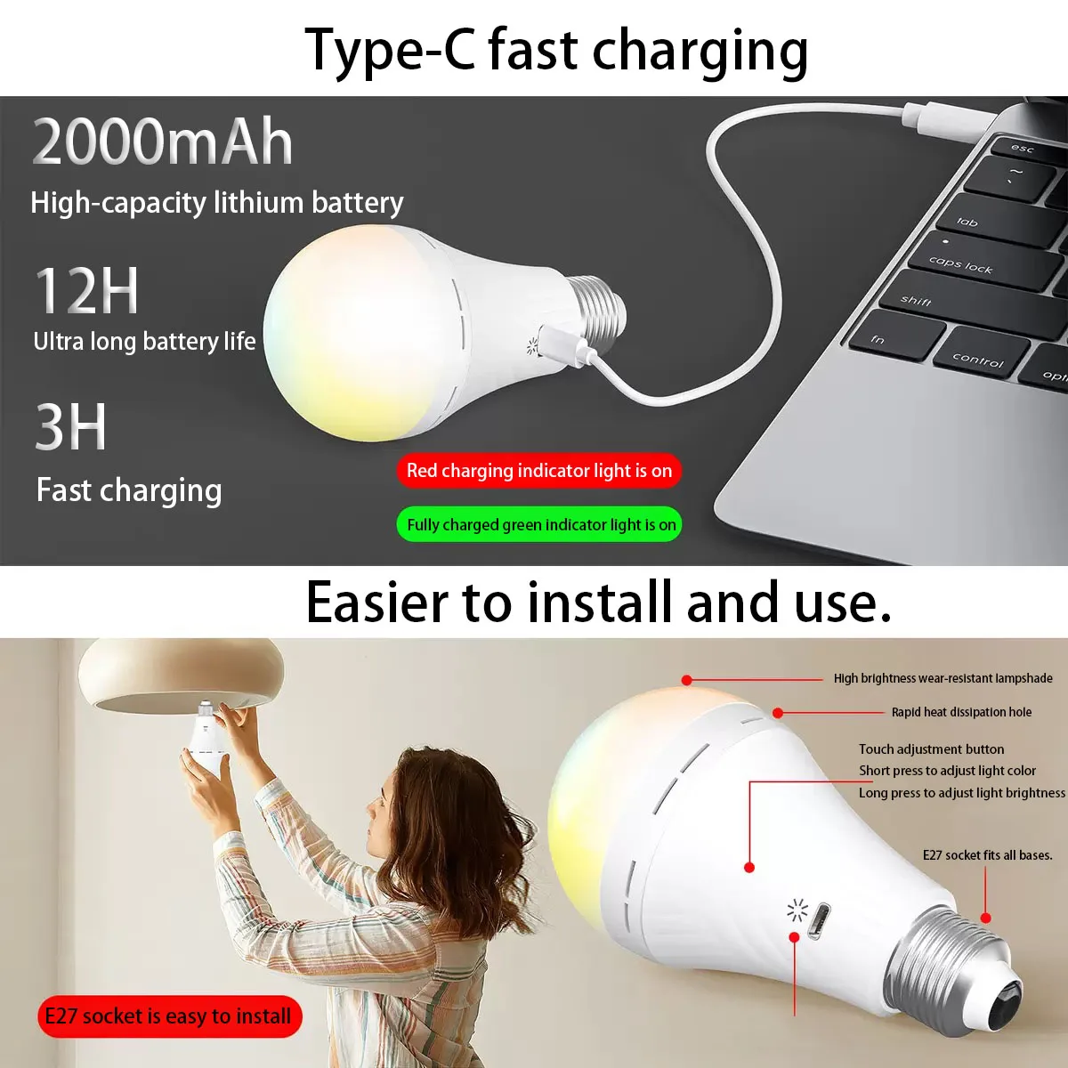 USB-C Rechargeable Emergency Bulb with E27 Socket, Tri-Color Temperature (3000K-6000K), Remote Control, for living room, bedroom