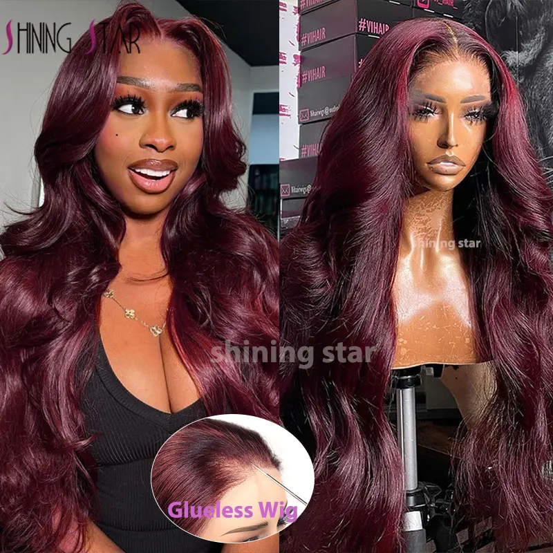 

32" Wear And Go Glueless Wig Human Hair Colored 9X6 Body Wave Curly Wig Pre Cut Burgundy Ginger Blonde Lace Front Wig Human Hair