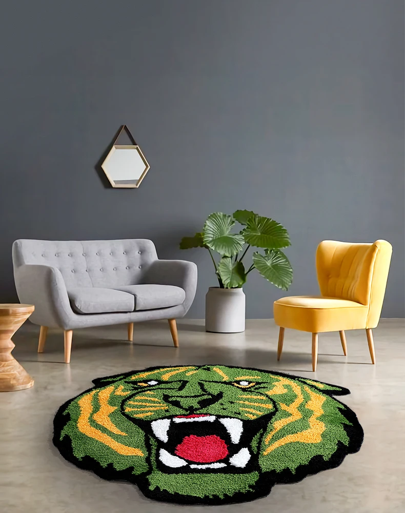 Irregular Animal Tiger Area Rug for Living Room Bedroom Fluffy Bathroom Carpet Home Decor Funky Tiger Head Art Floor Mat