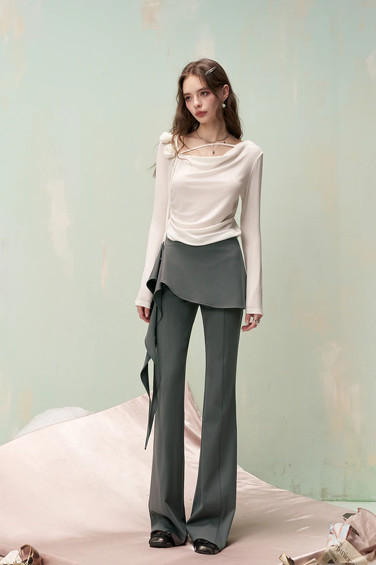 ELFSACK Y2K Flare Pants with Detachable Front Skirt, Stretchy Knit Sweet Trousers, Casual Streetwear Bottoms for Women