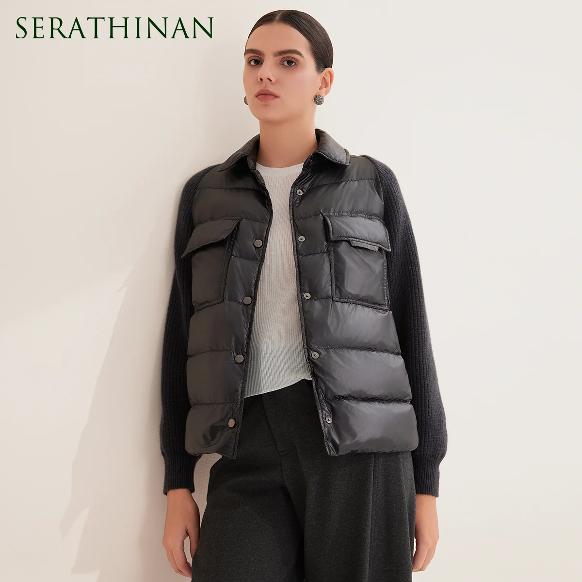 

BD4521227 Women's Down Puffer Shirt Jacket Wool Knit Sleeves Snap Front Flap Pockets Cold Weather Winter Outerwear Coat