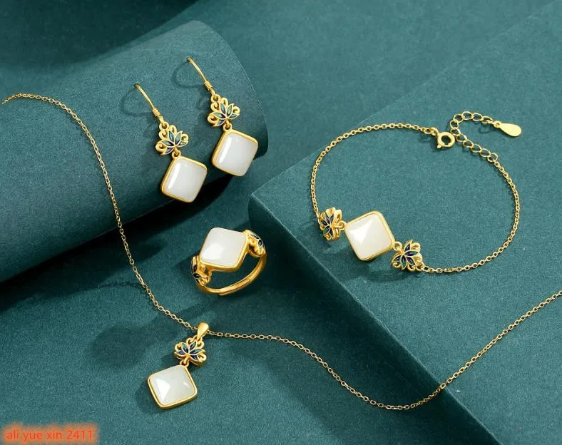 

Boutique jewelry 925 sterling silver+Hotan Jade gilding female earrings ring pendant bracelet four piece set Party Birthday Gift