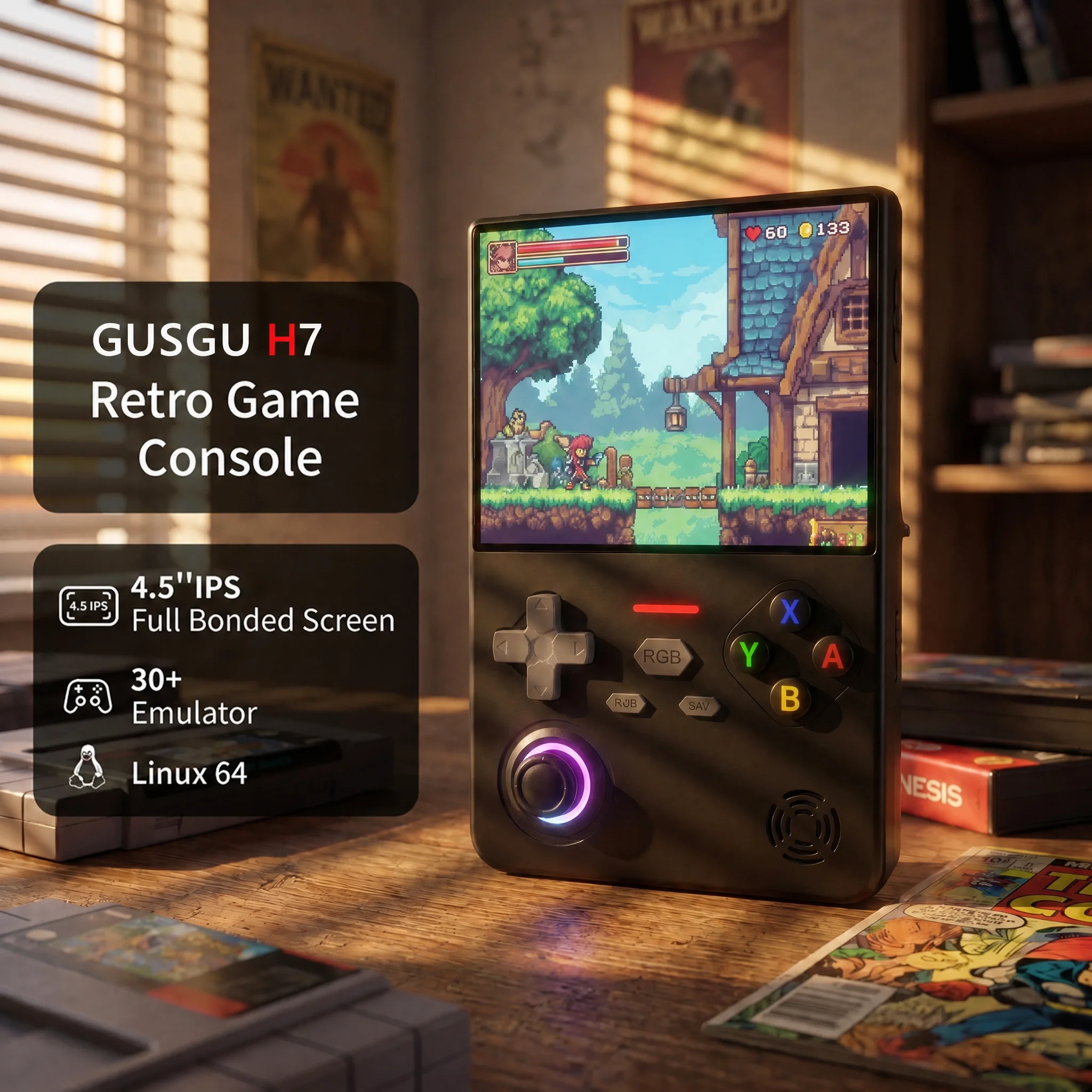 GUSGU H7 Console de jogos retrô portátil de 4,5 "HD IPS 1024x768 4000mAh 30 + plataformas clássicas RGB luz de respiração