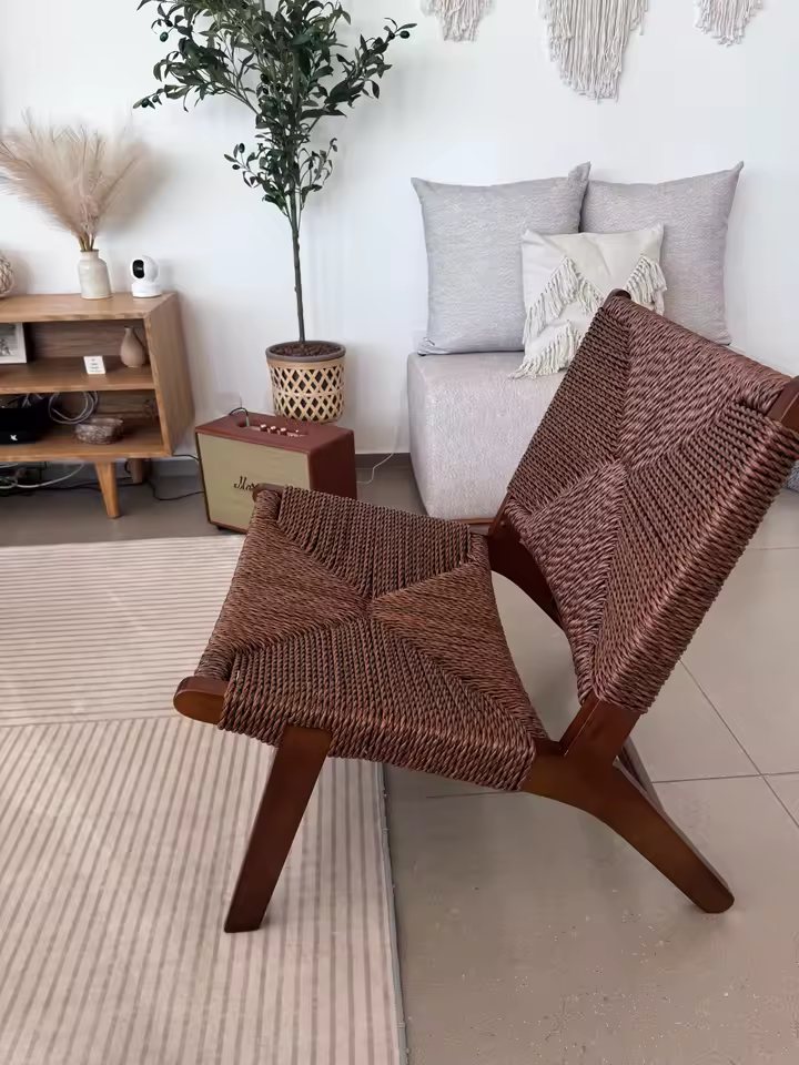 Angled View of FAS Ash Wood & Hand-Woven Fiber Accent Chair Frame Mechanics