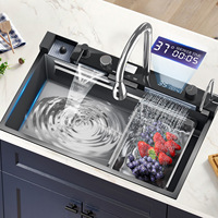 304 Stainless Steel Waterfall Kitchen Sink Large Single Sink Intelligent Digital Display No Dirt And Grime 75x45cm Faucet Set