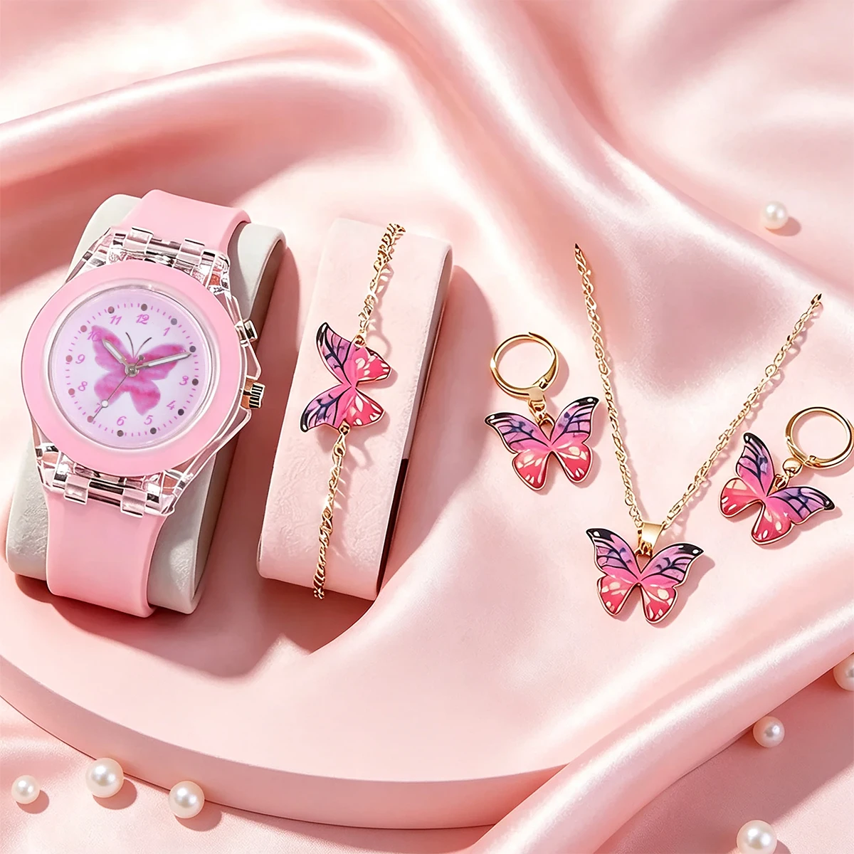 5-Piece Casual New Cute Kidsren's Pink Girl Watch Set, Pink Butterfly Series Accessories, Birthday Gift