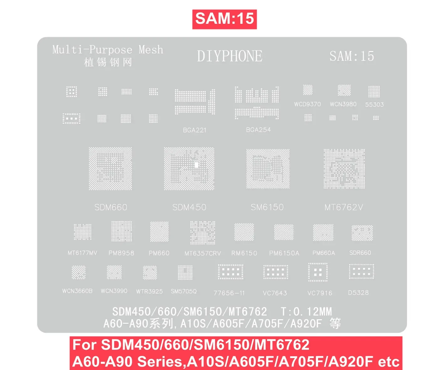 PHONEFIX BGA Reballing Stencil SAM1-17 For Samsung A /C full range Exynos CPU IC Chips Soldering Repair Tin Solder Net 0.12mm