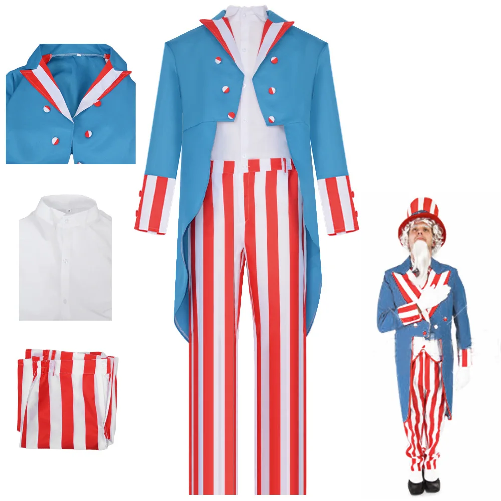 

Uncle Sam Cosplay Costume Blue Tailcoat Red Striped Pants White Shirt Hat Set Festive Carnival Halloween Role Play Outfit