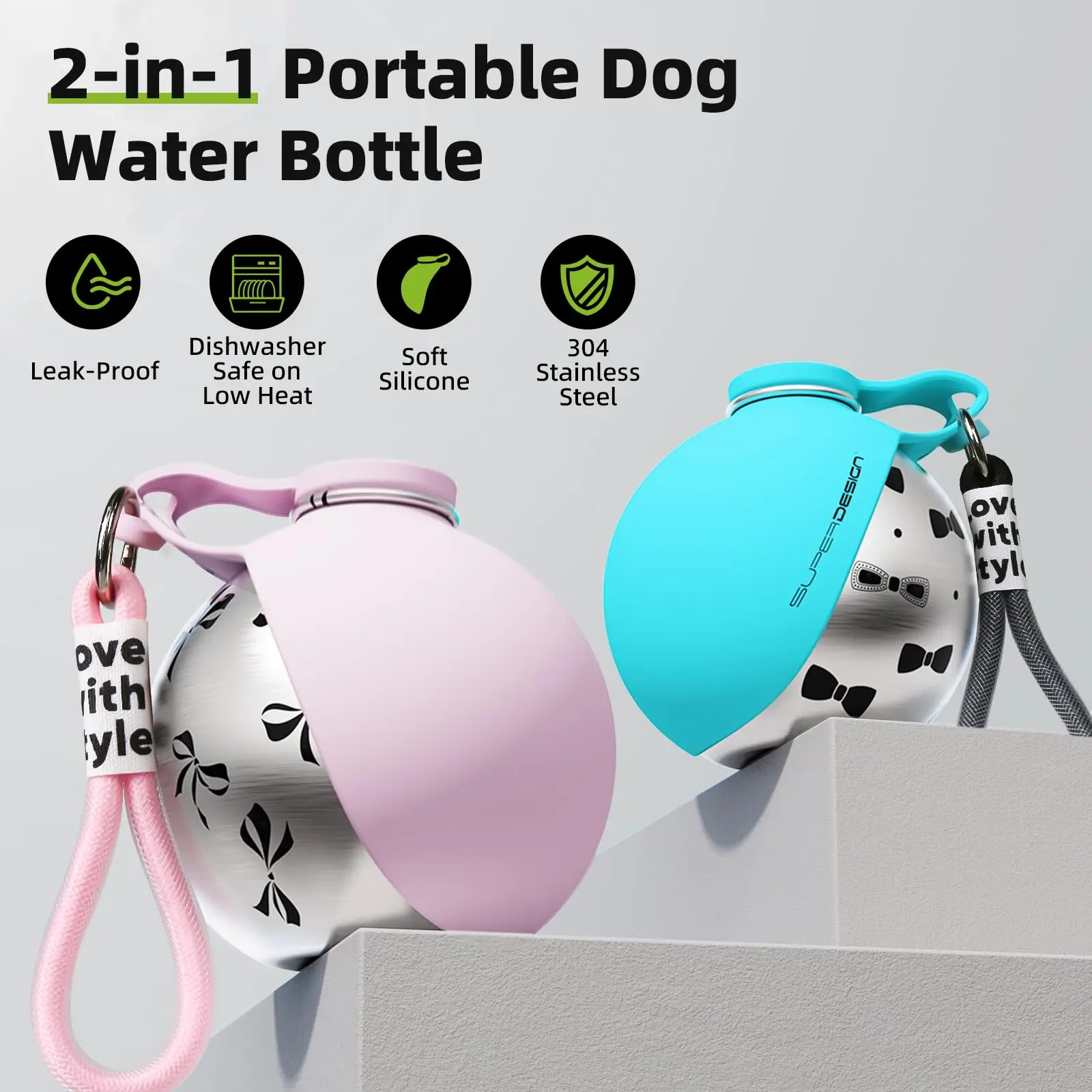Bouteille d'eau portable 2-en-1 pour petits chiens - Bouteille d'eau de voyage pour chien anti-fuite et compacte - Bouteille en acier inoxydable et silicone