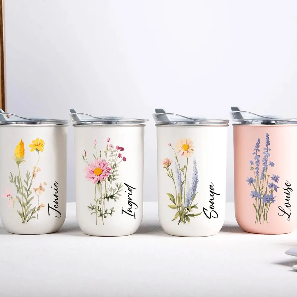 Custom Birth Flower Coffee Cup 350ml Stainless Steel Mini Tumbler Personalized Floral Design Gift for Her,Christmas Gift.