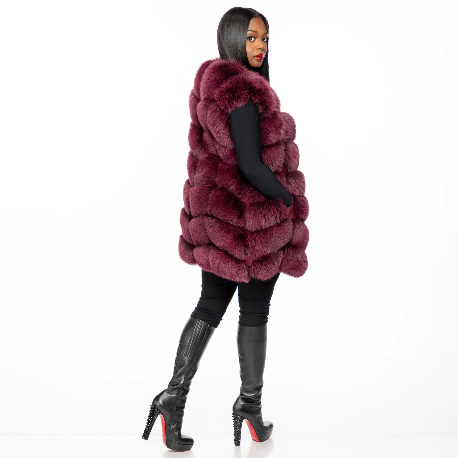 Fashion Wine Red Natural Fox Fur Vest Round Collar Winter Trendy Woman Fur Overcoats Genuine Leather Fox Fur Coats Sleeveless