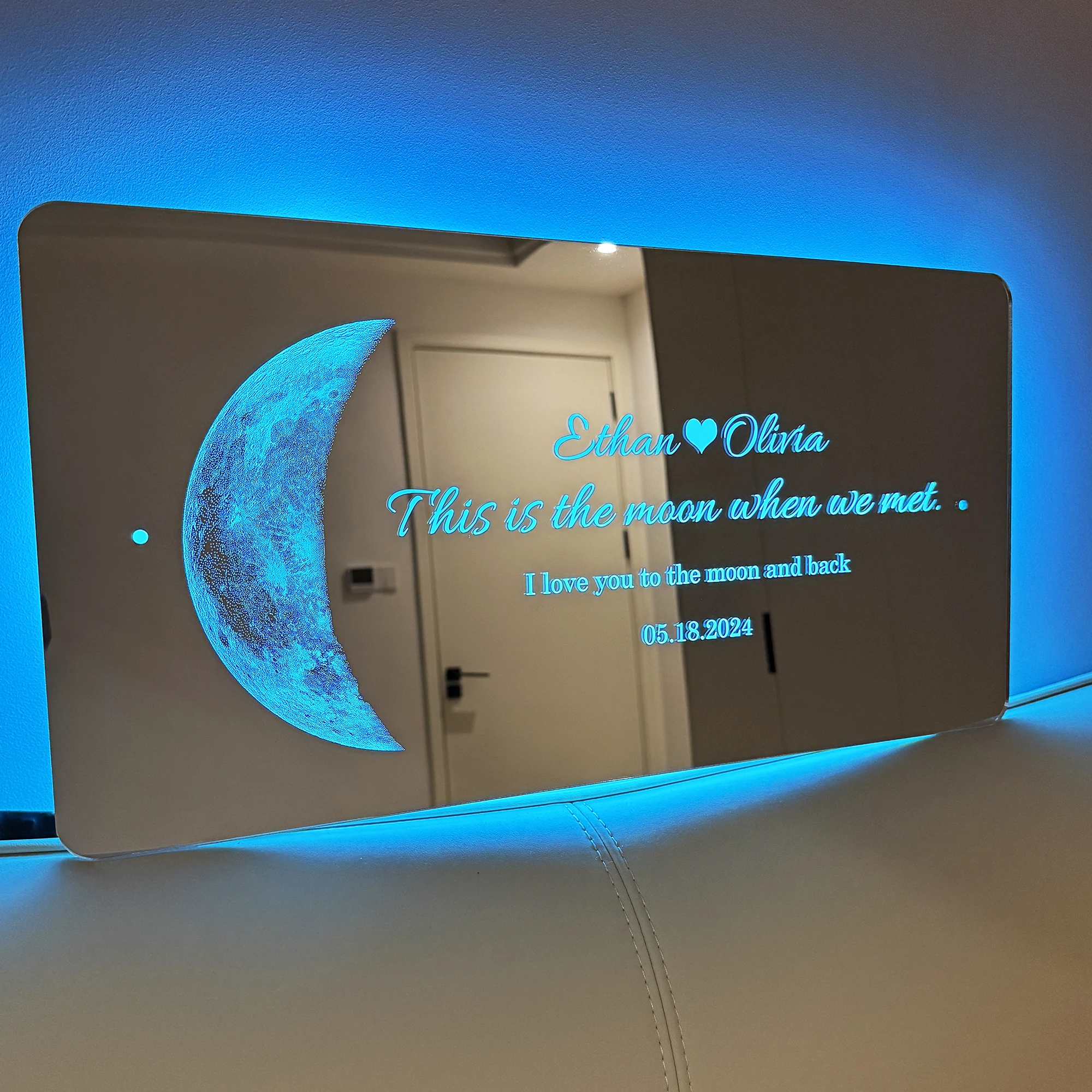مرآة LED مخصصة لمرحلة القمر للزوجين - تاريخ وأسماء الذكرى السنوية المخصصة، ديكور غرفة نوم مثبت على الحائط لعيد الحب/الزفاف #5