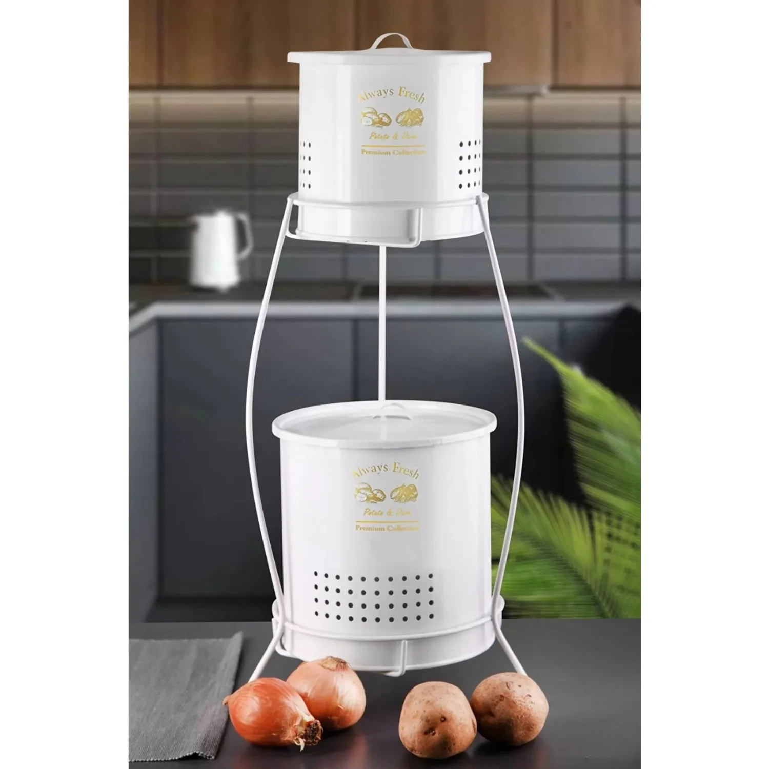 2PCS Metal Storage Box 2 Layers Stand For Potato Onion Vegetable Fresh Holder Wrought Iron Breathable Compartment Luxury Buckets