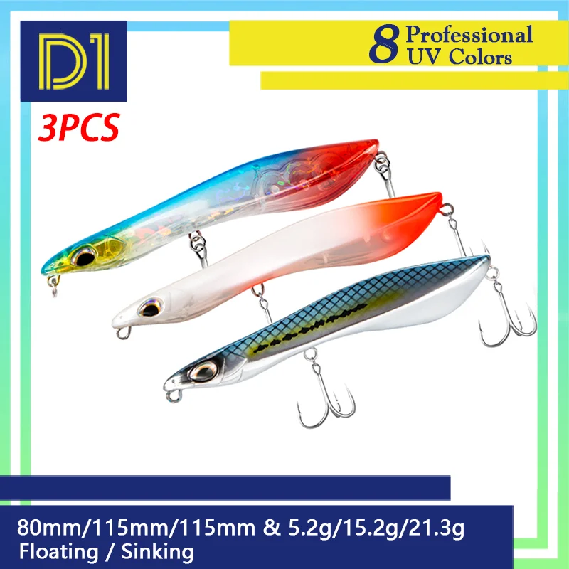 

D1 WTD Pencil Fishing Lures 3PCS 5.2g/15.2g/21.3g Sinking & Floating Artificial Hard Stickbait 2021 For Bass Fishing Tackle
