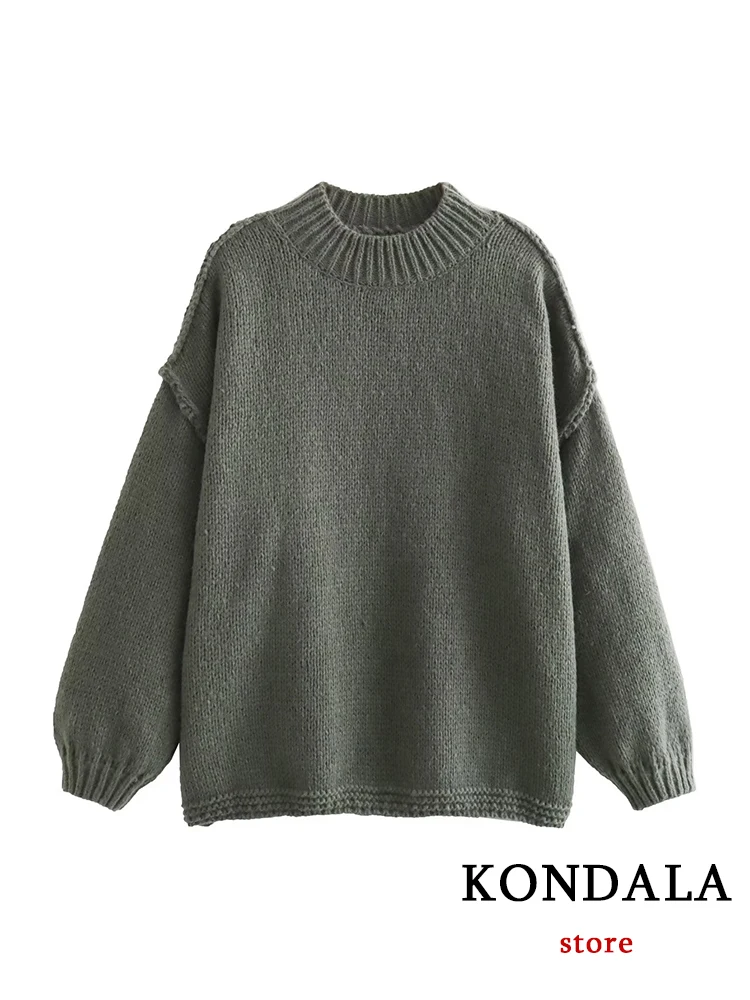 KONDALA Chic Cozy Green Ribbed Sweater Round Neck Long Sleeve Loose Fit 2023 Autumn Pullover Winter Loose New Women Knitwear