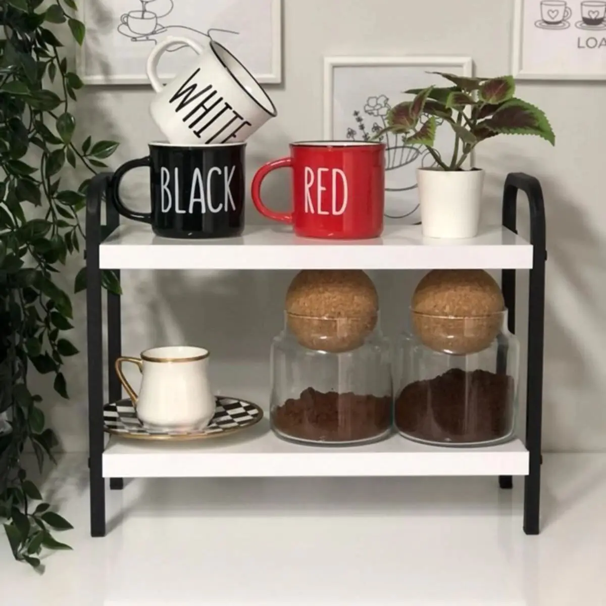 Two Tier Kitchen Bathroom Counter Rack Multi-Use Jar Spice Condiment Coffee Makeup Box Holder Organizer and Storage Wooden Stand