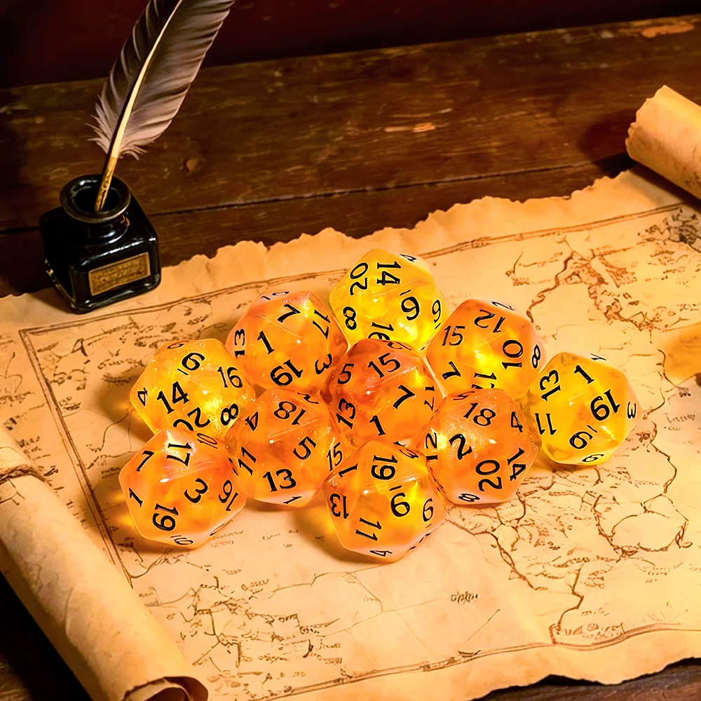 10pcs Orange Ice Transparent D20 Dice Set-Resin Polyhedron Board Game Dice Embedded with Gold Foil Glitter Powder, Special Dice