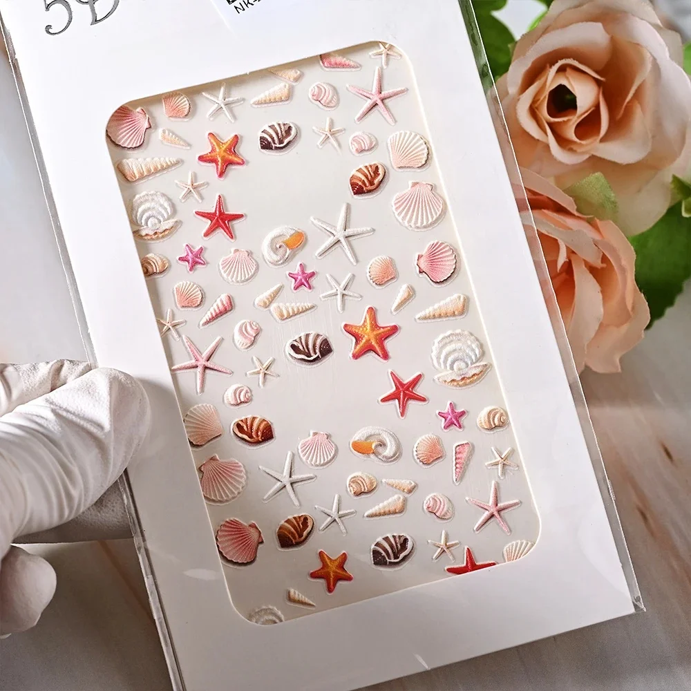 1 feuille coquille de mer 5D autocollant pour ongles plage en relief reliefs floraux auto-adhésif autocollant pour ongles décalcomanie océan été coquille curseur d'ongle