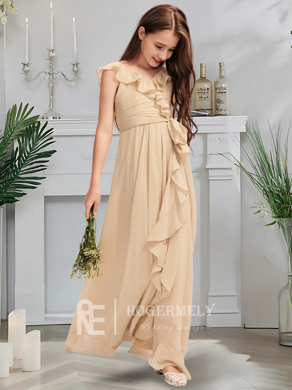 Lussuoso abito da damigella d'onore junior con scollo a V Abito da ragazza di fiori color oro cipria Chiffon asimmetrico con volant a cascata a strati Matrimonio