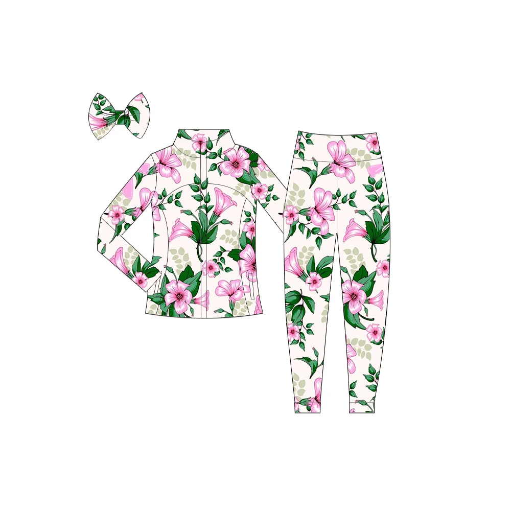 Boutique Children's Set Best-Selling Long-Sleeved Girls' Set Stand-Up Collar Zipper Slim Fit Flower Print Custom Wholesale