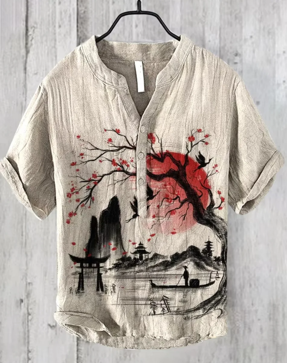 남성 및 여성을 위한 봄 여름 캐주얼 셔츠, 매화 반팔 셔츠, 하와이안 스타일 프린트 셔츠, 남성용 상의
