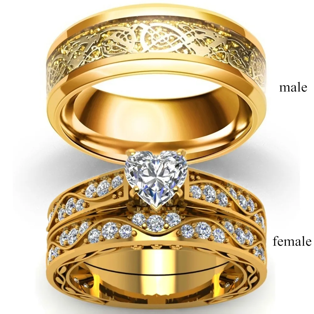 Anillos de pareja a la moda, conjunto de anillos de circón con diamantes de imitación de Color dorado de lujo para mujer, anillo de dragón celta de acero inoxidable para hombre, joyería de boda