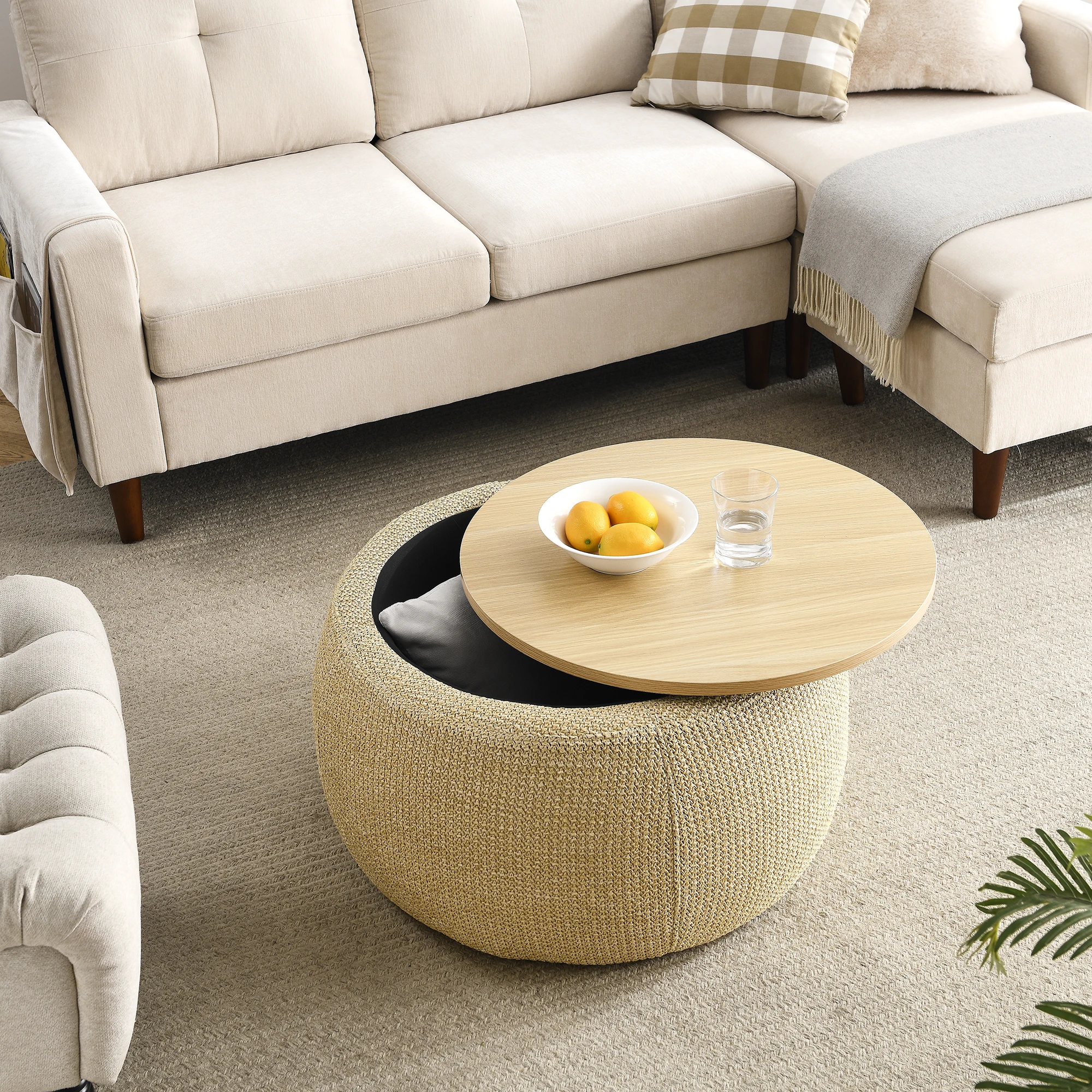 Round Storage Ottoman, 2 in 1 Function, Work as End table and Ottoman