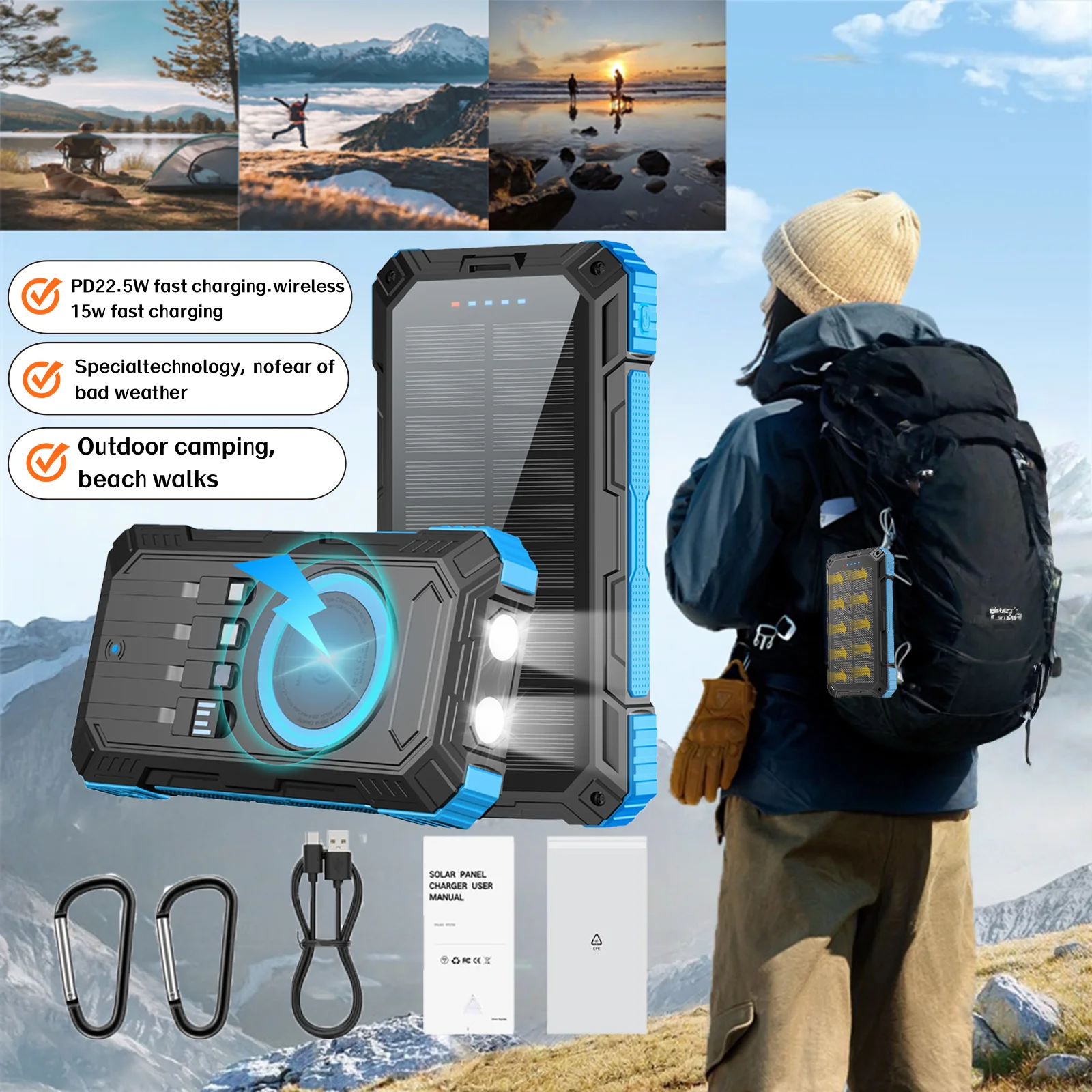 

49800mAh Solar Power Bank with PD 22.5W & 15W Wireless Fast Charging, Built-in 4 Cables, Multi-Device Support, Lanyard Anti-Slip