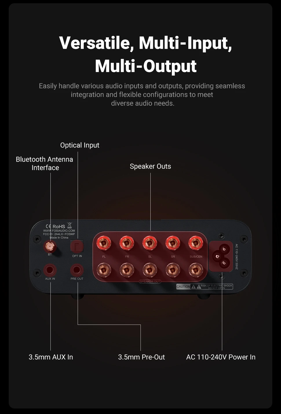 Fosi Audio HT4S Bluetooth 4.1 Heim-Sound-Verstärker, Mini-Desktop-Verstärker mit TPA3116 und Bass-Höhen-Steuerung für Lautsprecher-Subwoofer – Detail 9