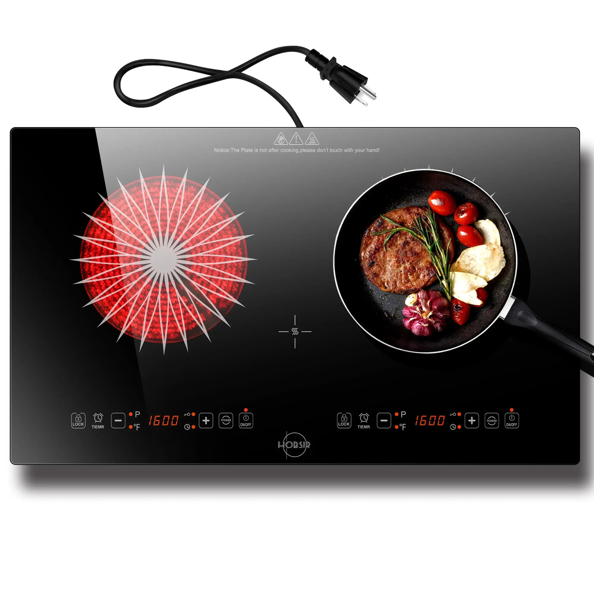 Hobsir Hob 2 Burner Built-in Electric Cooktop 24 Inch，110V-120V，Timer，Safety Lock for Apartment，with Plug