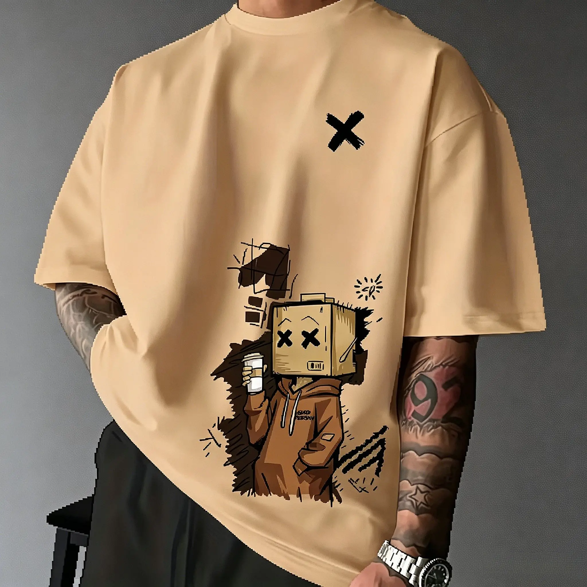 Herren Box Head Cartoon Coffee Graffiti Grafik-T-Shirt, Khaki X Mark Minimal Streetwear Kurzarm Casual Tee