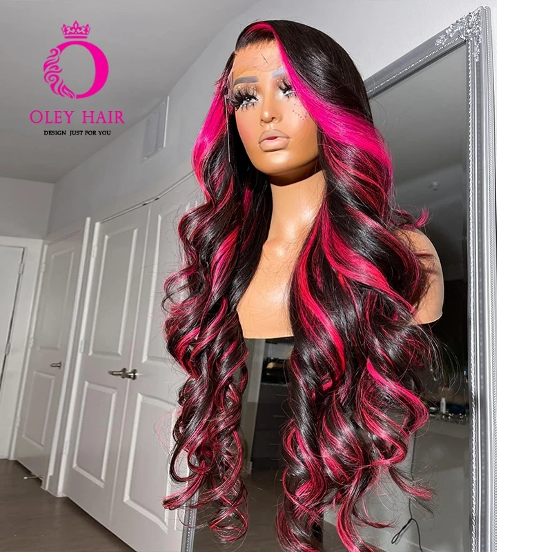 Highlight Pink Colored 30 Inch 13x4 Synthetic Lace Front Wig Body Wave Glueless Pre Plucked Cosplay Wigs For Women 180 Density