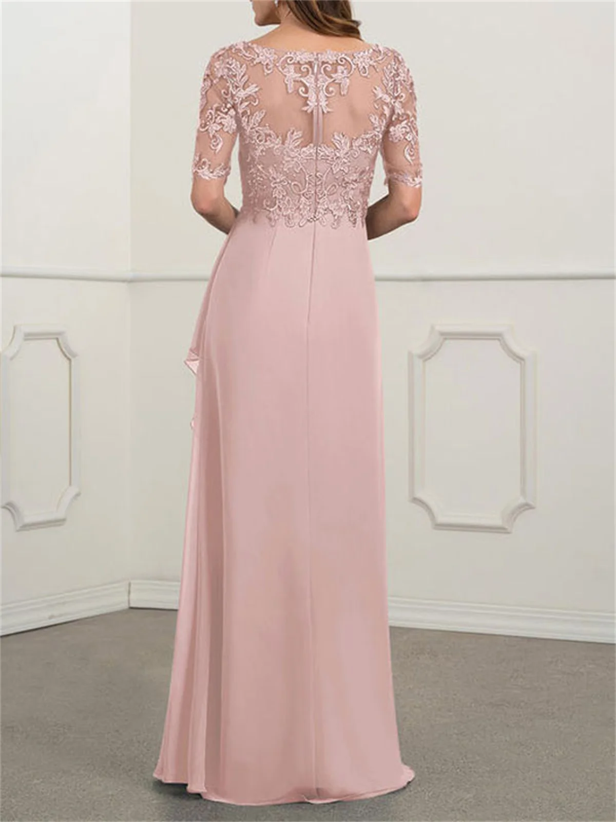 A-Line Pink Mother Of The Bride Dresses For Weddings V-Neck Half Sleeve Chiffon Mom Evening Gown Floral Lace Back Zipper Elegant