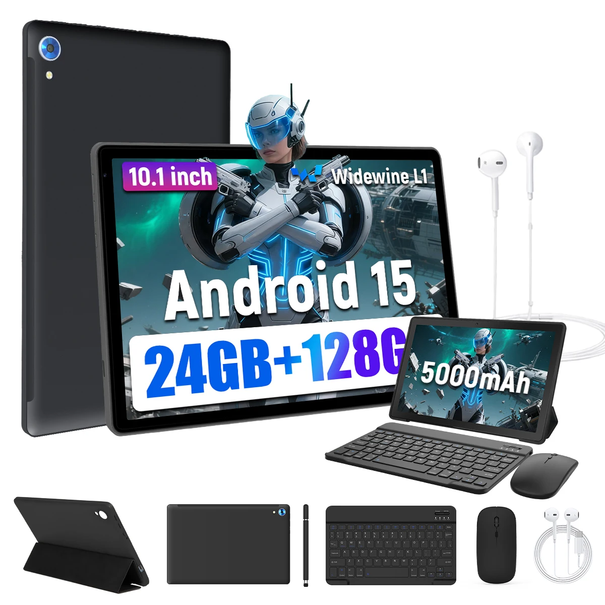 C108 10.1 Inch HD Tablet PC Android15 Widevine L1 NetflixReady 24GB(4+20GB Virtual) 128GB ROM OctaCore A523 CPU WiFi6 Face Unlock 5000mAh Gaming Study Tablet With Keyboard Mouse