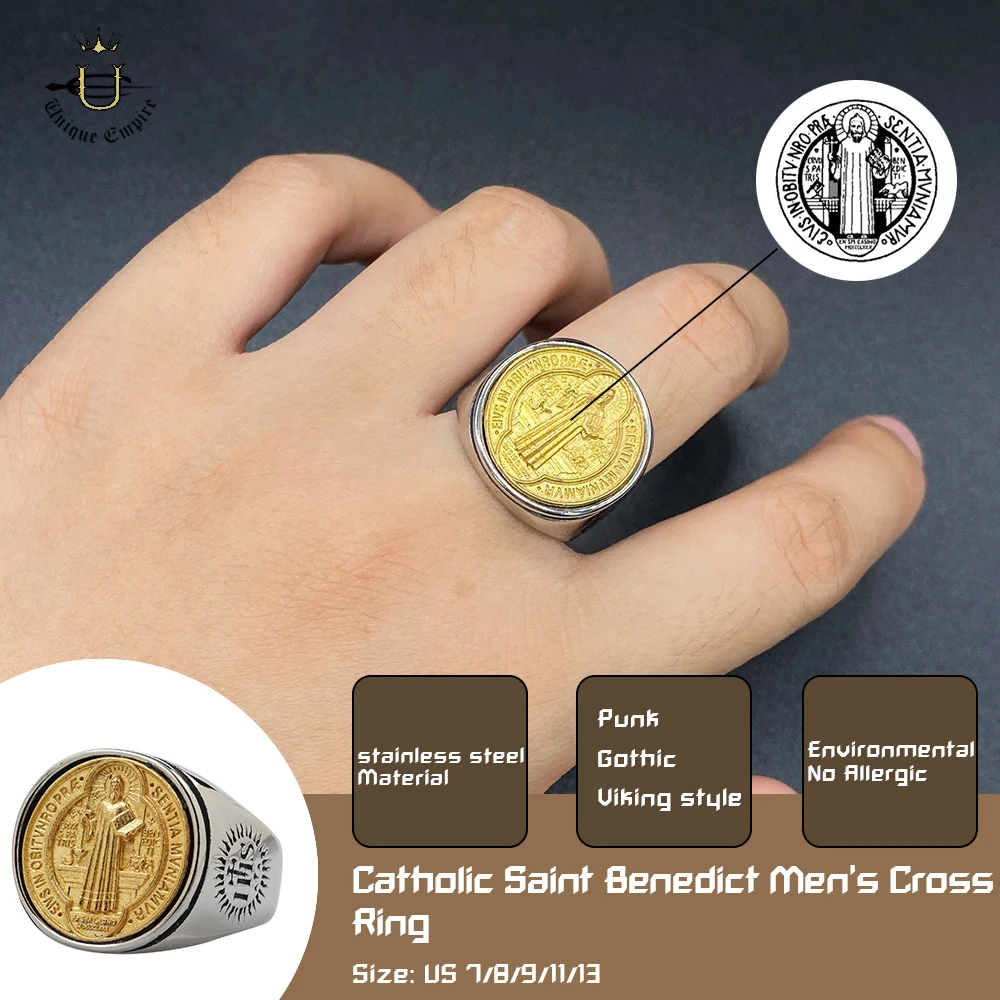 

Saint Benedict Crucifix Ring Stainless Steel Exorcist Protection Band Catholic Men's Jewelry with Jesus Cross Bible Verse