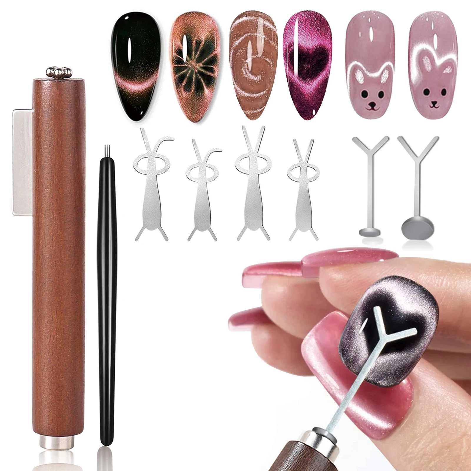 

Nail Art Magnet Set 3-in-1 Cat Eye Nail Magnet Stick with Rabbit & Heart Shape Plates for Cat Eye Gel Polish DIY Manicure Tools