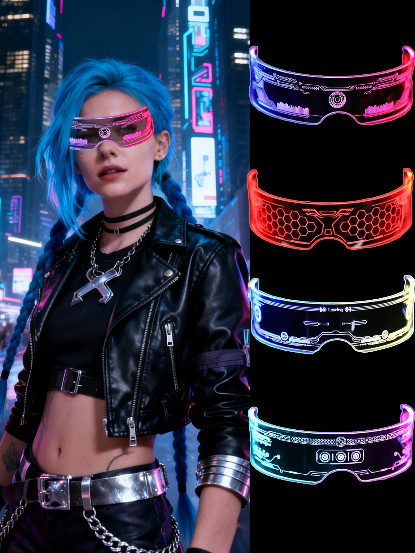 4 paia di occhiali colorati alla moda in stile cyberpunk con illuminazione a LED, con 12 modalità di colori arcobaleno, atmosfera da discoteca bar per feste glo