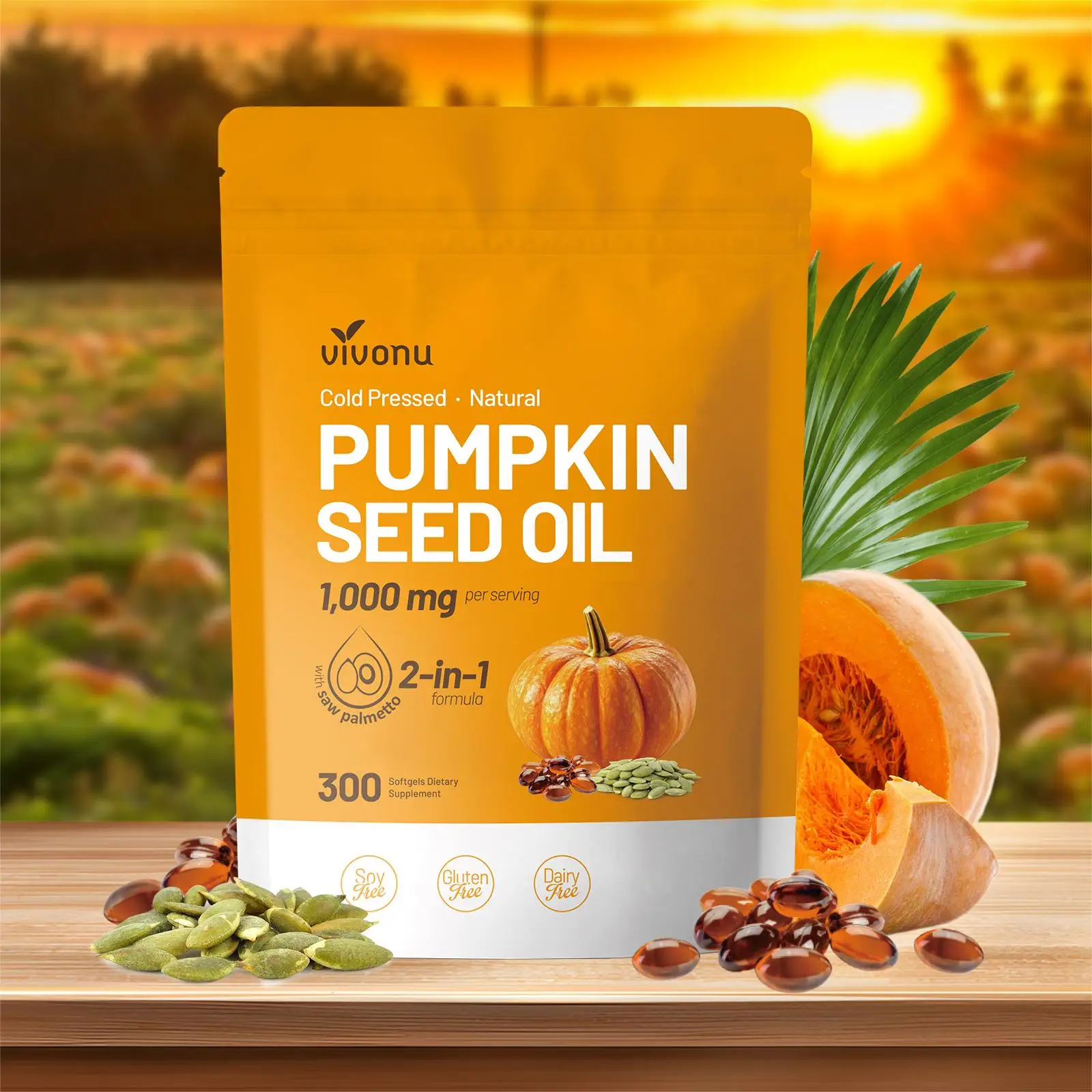 VIVONU Cápsulas de Aceite de Semilla de Calabaza - Cápsulas Gelatinosas Beneficiosas para el Cabello, un suplemento dietético adecuado para hombres y mujeres, con un total de 120 cápsulas gelatinosas.