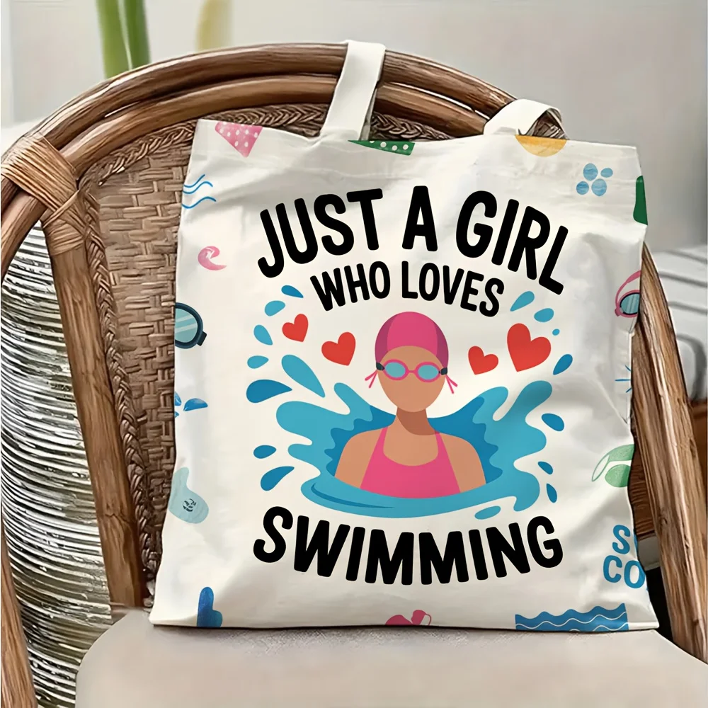 

1 Piece Canvas Shoulder Bag with a Swimming Girl and Heart Pattern, Lightweight Foldable Tote Bag with Fixed Shoulder Strap, Reusable Shopping Bag, Perfect Gift for Commuting, Travel, Shopping, School, and Holidays