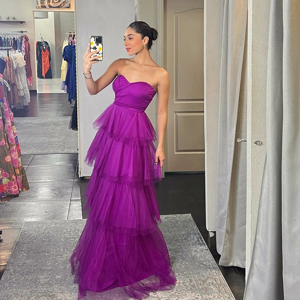 Msikoods Customized Purple Prom Gown 2025 High Slit Backless Strapless Tulle Tiered Elegant Occasion Dress Evening Parties