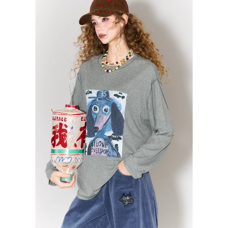 ELFSACK Graffiti Puppy Print Round Neck Long Sleeve T-Shirt For Women