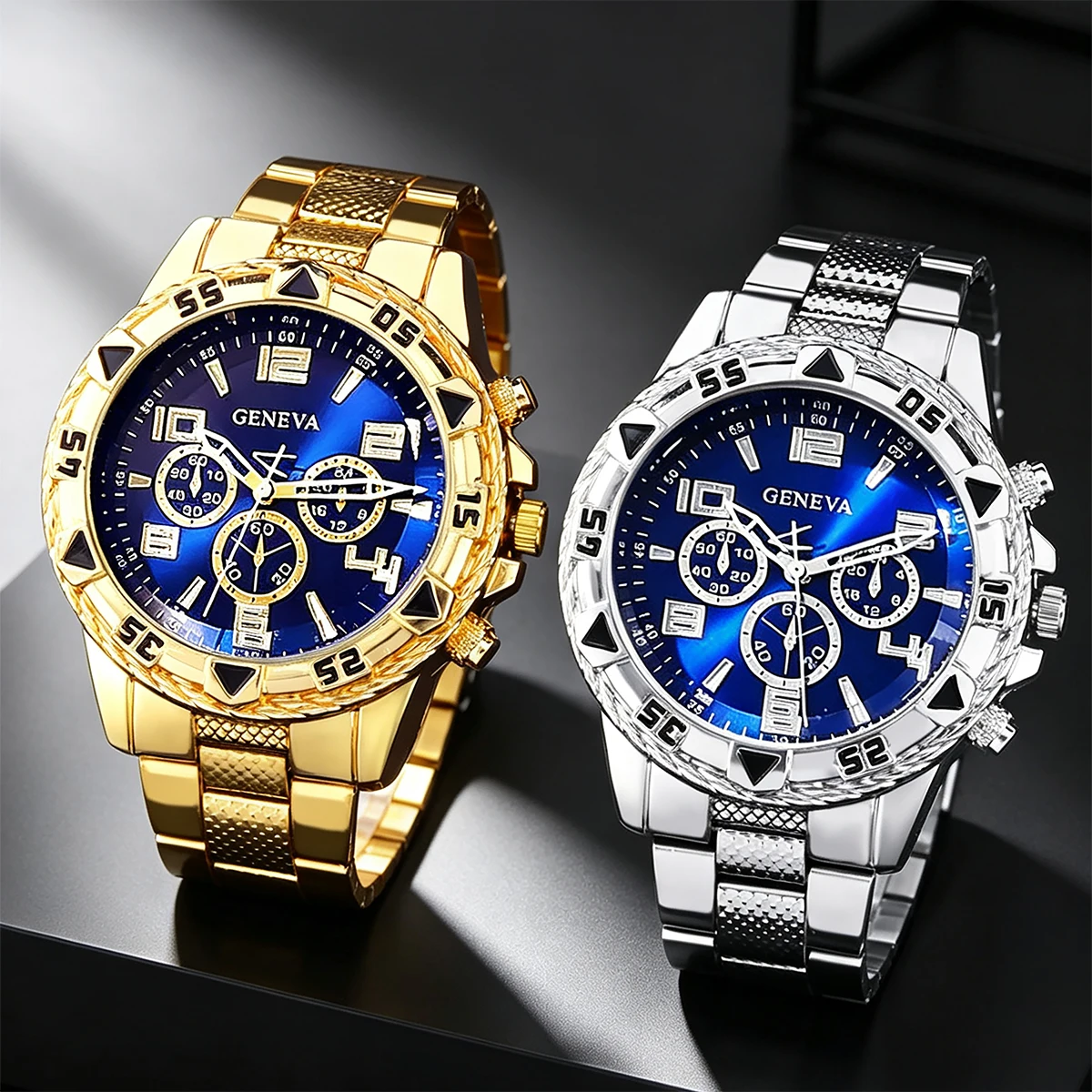 5-Piece Set of Men's Geneva Watches, Luxury Chronograph, Quartz Wristwatch, Stainless Steel Strap, Suitable for Men's Business Casual Wear, Daily Wear, Holiday Parties, and Various Occasions
